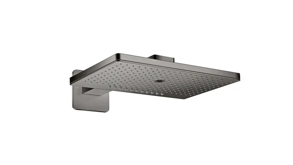 Kopfbrause mit quadratischer Form und feinen Düsen, montiert an einem Wandarm. Oberfläche in Polished Black Chrome, von der Marke AXOR.